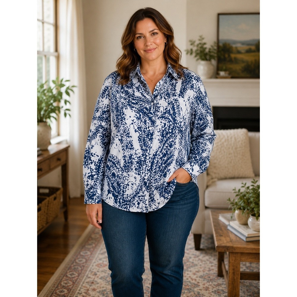 Foxcroft Cotton Button Shirt Womens 16 Blue White Paisley Shaped Fit Lightweight